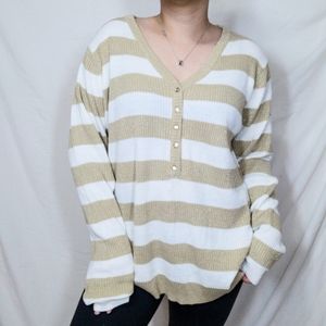 Midtown Striped White and Tan V Neck Sweater
